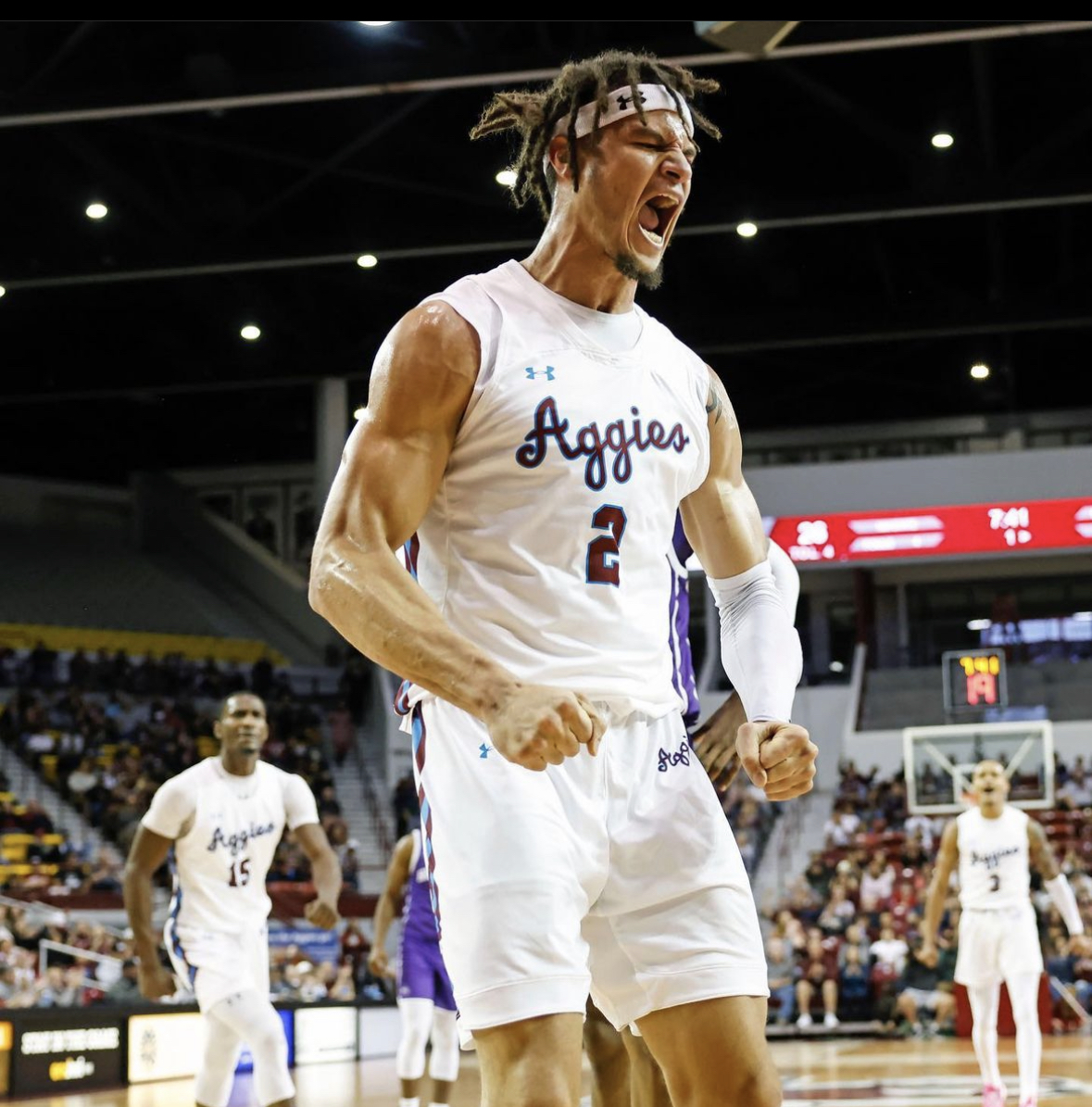 Issa Muhammad celebrating during a New Mexico State game